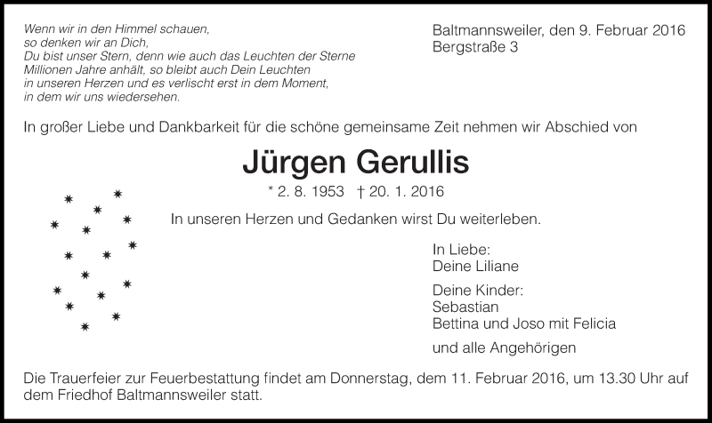  Traueranzeige für Jürgen Gerullis vom 09.02.2016 aus Eßlinger Zeitung/Cannstatter Zeitung