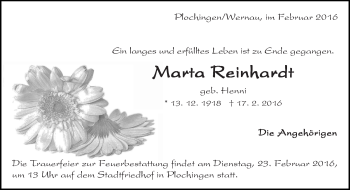 Traueranzeige von Marta Reinhardt von Eßlinger Zeitung/Cannstatter Zeitung