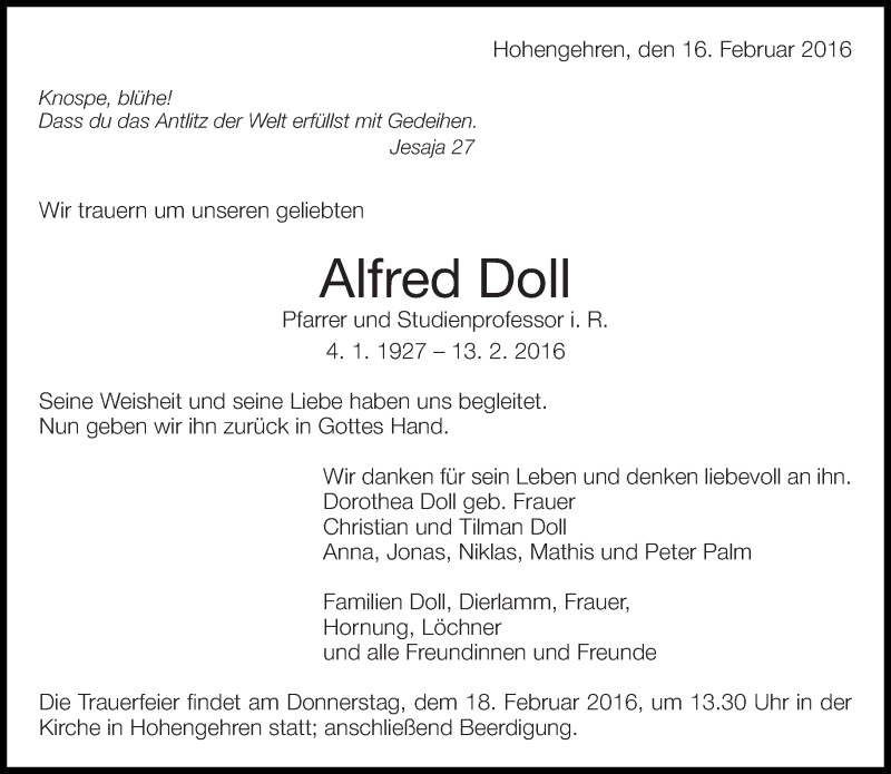  Traueranzeige für Alfred Doll vom 16.02.2016 aus Eßlinger Zeitung/Cannstatter Zeitung