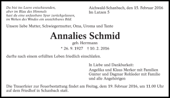 Traueranzeige von Annalies Schmid von Eßlinger Zeitung/Cannstatter Zeitung