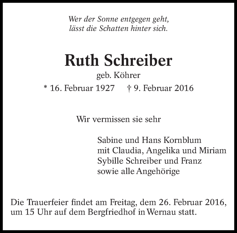  Traueranzeige für Ruth Schreiber vom 13.02.2016 aus Eßlinger Zeitung/Cannstatter Zeitung