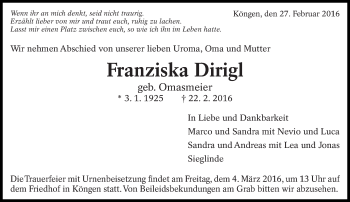 Traueranzeige von Franziska Dirigl von Eßlinger Zeitung/Cannstatter Zeitung