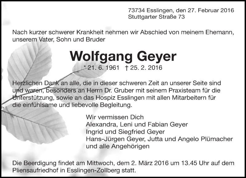  Traueranzeige für Wolfgang Geyer vom 27.02.2016 aus Eßlinger Zeitung/Cannstatter Zeitung