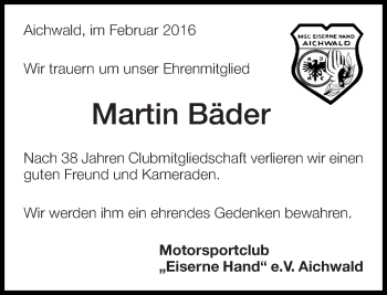 Traueranzeige von Martin Bäder von Eßlinger Zeitung/Cannstatter Zeitung