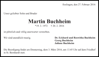 Traueranzeige von Martin Buchheim von Eßlinger Zeitung/Cannstatter Zeitung
