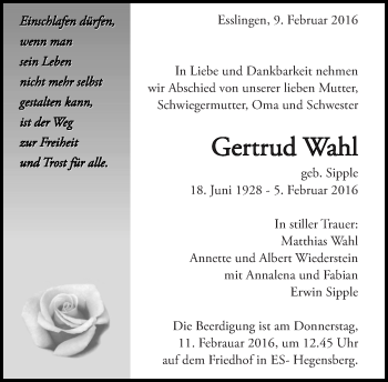Traueranzeige von Gertrud Wahl von Eßlinger Zeitung/Cannstatter Zeitung