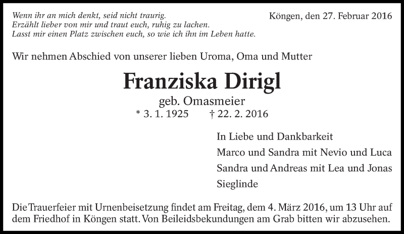  Traueranzeige für Franziska Dirigl vom 27.02.2016 aus Eßlinger Zeitung/Cannstatter Zeitung