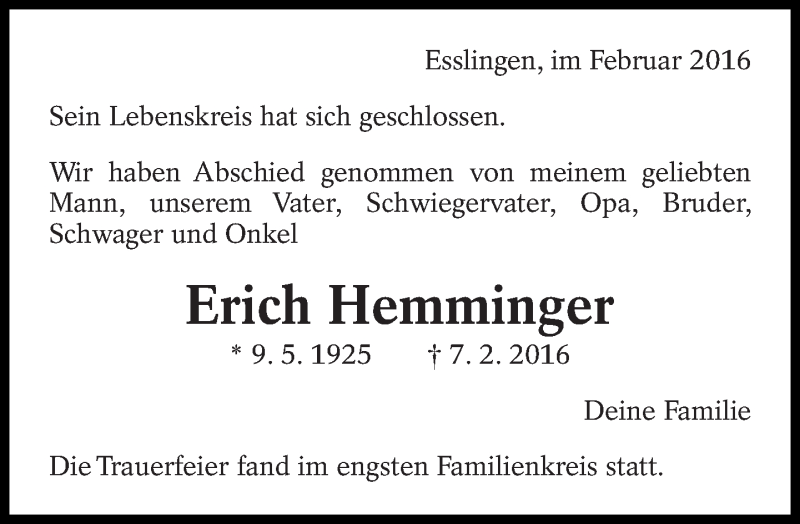  Traueranzeige für Erich Hemminger vom 19.02.2016 aus Eßlinger Zeitung/Cannstatter Zeitung