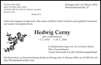 Traueranzeige von Hedwig Cerny von Eßlinger Zeitung/Cannstatter Zeitung