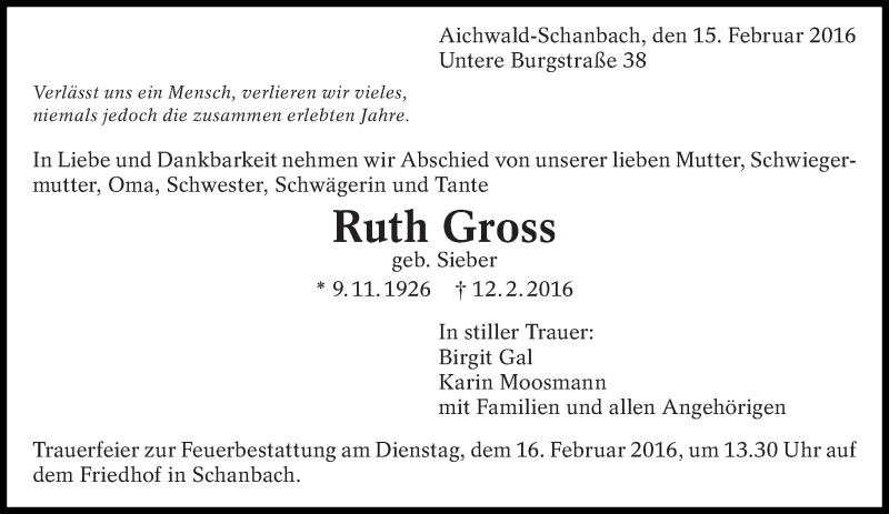  Traueranzeige für Ruth Gross vom 15.02.2016 aus Eßlinger Zeitung/Cannstatter Zeitung