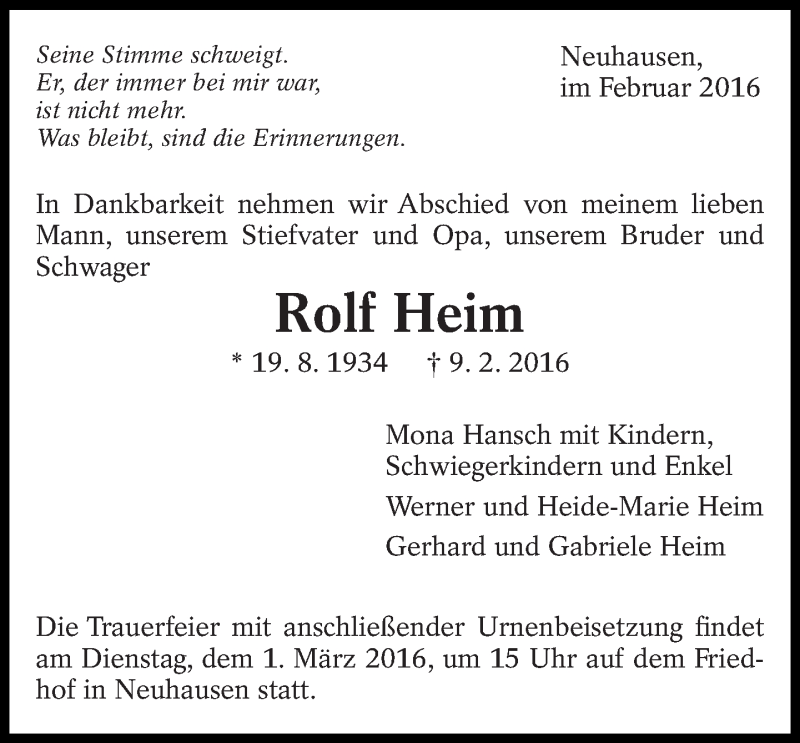  Traueranzeige für Rolf Heim vom 20.02.2016 aus Eßlinger Zeitung/Cannstatter Zeitung