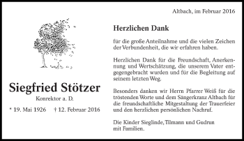 Traueranzeige von Siegfried Stötzer von Eßlinger Zeitung/Cannstatter Zeitung
