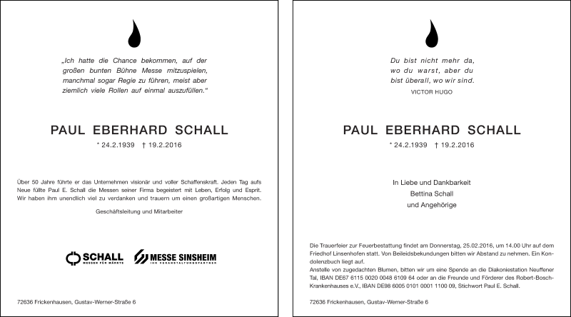  Traueranzeige für Eberhard Schall vom 25.02.2016 aus Eßlinger Zeitung/Cannstatter Zeitung