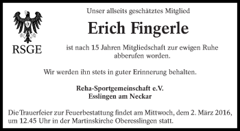 Traueranzeige von Erich Fingerle von Eßlinger Zeitung/Cannstatter Zeitung