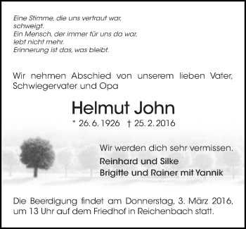 Traueranzeige von Helmut John von Eßlinger Zeitung/Cannstatter Zeitung