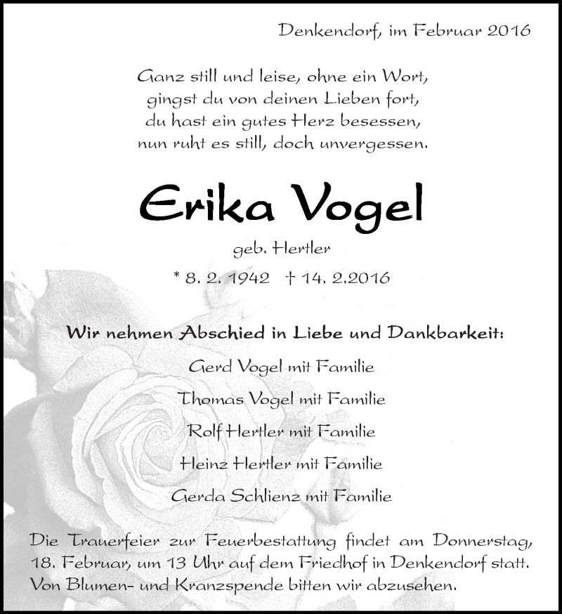 Traueranzeige für Erika Vogel vom 17.02.2016 aus Eßlinger Zeitung/Cannstatter Zeitung