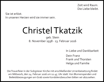 Traueranzeige von Christel Tkatzik von Eßlinger Zeitung/Cannstatter Zeitung