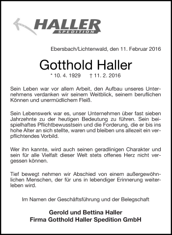 Traueranzeige von Gotthold Haller von Eßlinger Zeitung/Cannstatter Zeitung
