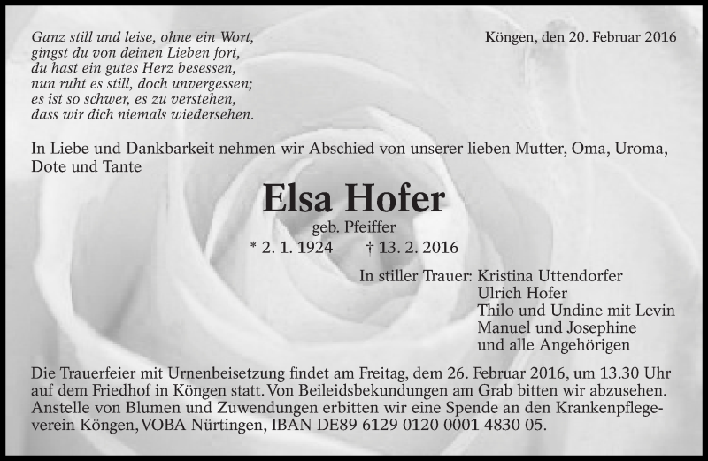  Traueranzeige für Elsa Hofer vom 20.02.2016 aus Eßlinger Zeitung/Cannstatter Zeitung