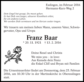 Traueranzeige von Franz Baar von Eßlinger Zeitung/Cannstatter Zeitung