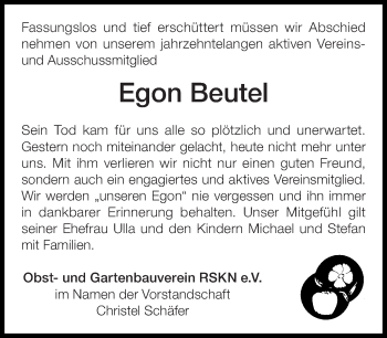 Traueranzeige von Egon Beutel von Eßlinger Zeitung/Cannstatter Zeitung