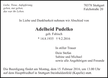Traueranzeige von Adelheid Pudelko von Eßlinger Zeitung/Cannstatter Zeitung