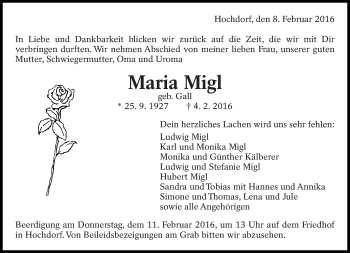 Traueranzeige von Maria Migl von Eßlinger Zeitung/Cannstatter Zeitung