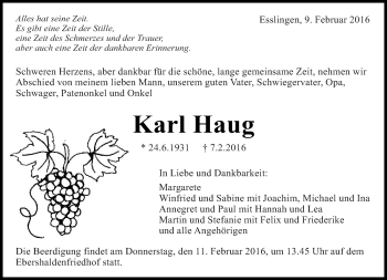 Traueranzeige von Karl Haug von Eßlinger Zeitung/Cannstatter Zeitung