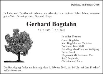 Traueranzeige von Gerhard Bogdahn von Eßlinger Zeitung/Cannstatter Zeitung