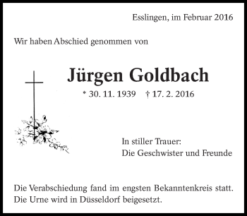 Traueranzeige von Jürgen Goldbach von Eßlinger Zeitung/Cannstatter Zeitung