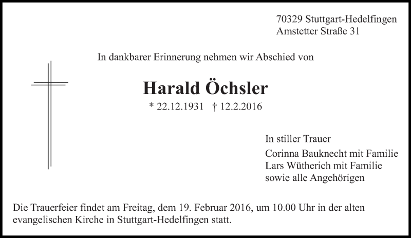  Traueranzeige für Harald Öchsler vom 17.02.2016 aus Eßlinger Zeitung/Cannstatter Zeitung