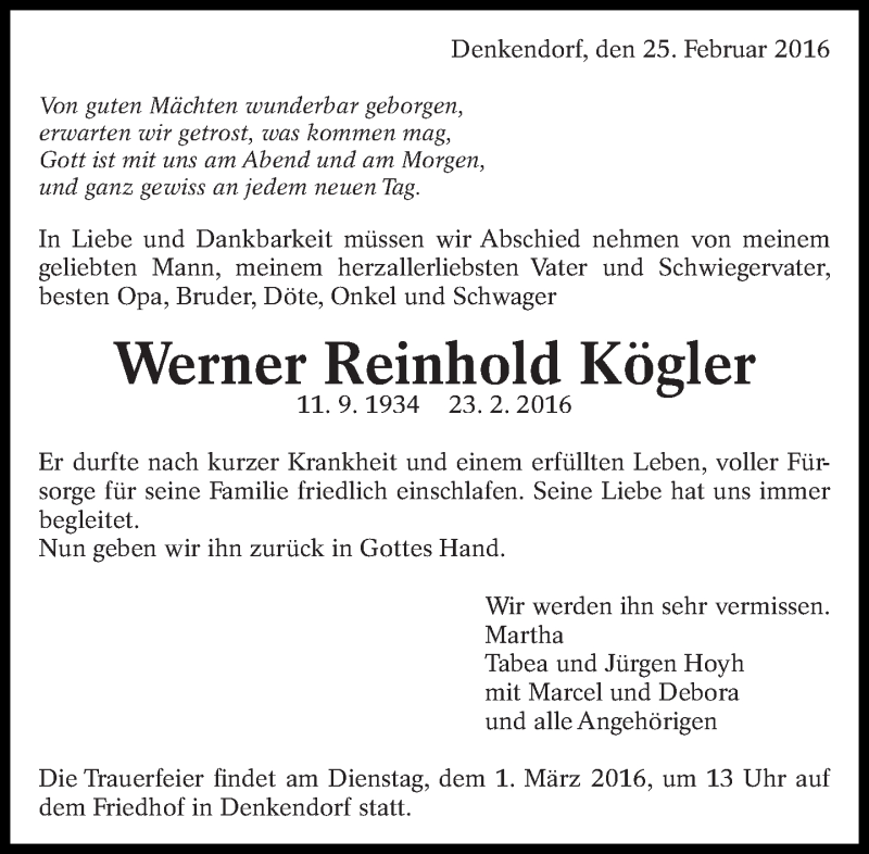  Traueranzeige für Werner Reinhold Kögler vom 25.02.2016 aus Eßlinger Zeitung/Cannstatter Zeitung