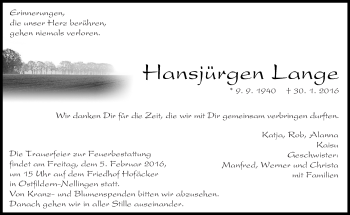 Traueranzeige von Hansjürgen Lange von Eßlinger Zeitung/Cannstatter Zeitung