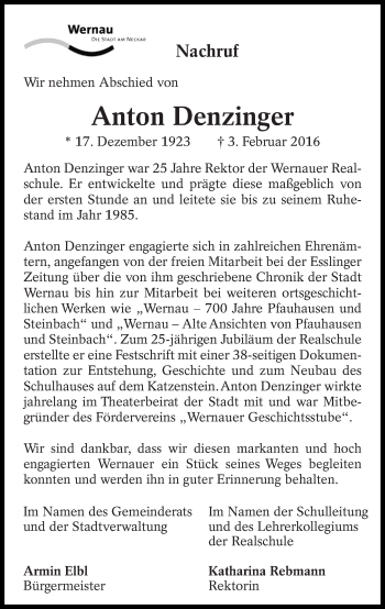 Traueranzeige von Anton Denzinger von Eßlinger Zeitung/Cannstatter Zeitung