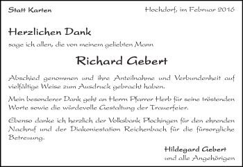 Traueranzeige von Richard Gebert von Eßlinger Zeitung/Cannstatter Zeitung