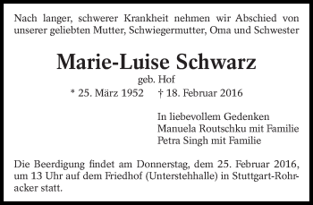 Traueranzeige von Marie-Luise Schwarz von Eßlinger Zeitung/Cannstatter Zeitung