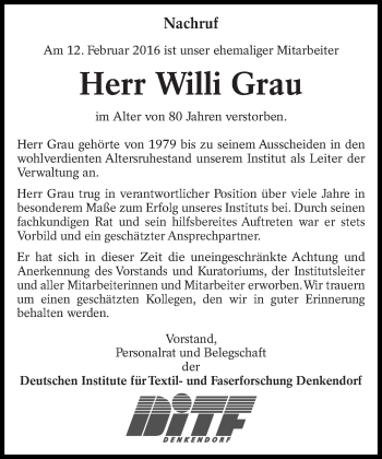 Traueranzeige von Willi Grau von Eßlinger Zeitung/Cannstatter Zeitung