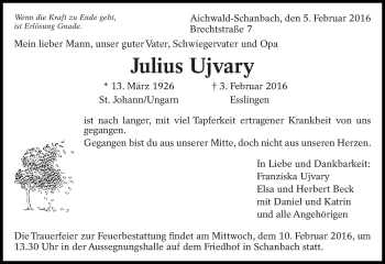 Traueranzeige von Julius Ujvary von Eßlinger Zeitung/Cannstatter Zeitung