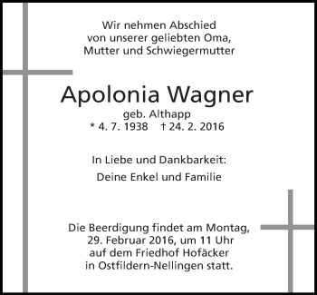 Traueranzeige von Apolonia Wagner von Eßlinger Zeitung/Cannstatter Zeitung