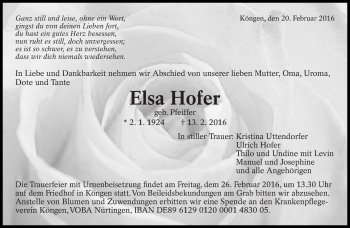 Traueranzeige von Elsa Hofer von Eßlinger Zeitung/Cannstatter Zeitung