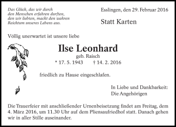 Traueranzeige von Ilse Leonhard von Eßlinger Zeitung/Cannstatter Zeitung