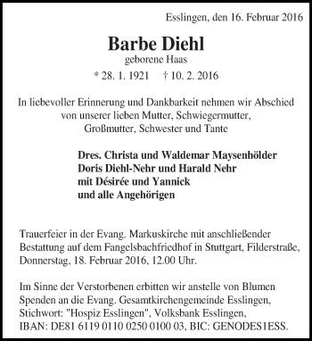 Traueranzeige von Barbe Diehl von Eßlinger Zeitung/Cannstatter Zeitung