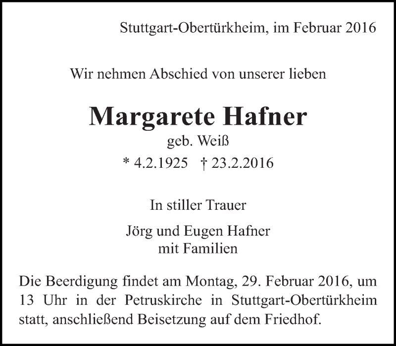  Traueranzeige für Margarete Hafner vom 25.02.2016 aus Eßlinger Zeitung/Cannstatter Zeitung