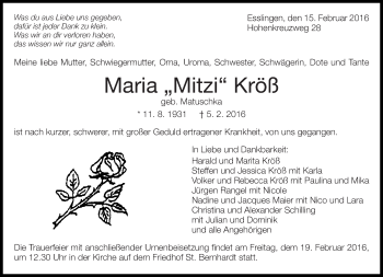 Traueranzeige von Maria Kröß von Eßlinger Zeitung/Cannstatter Zeitung