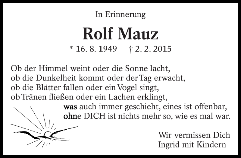  Traueranzeige für Rolf Mauz vom 02.02.2016 aus Eßlinger Zeitung/Cannstatter Zeitung