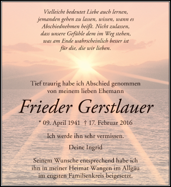 Traueranzeige von Frieden Gerstlauer von Eßlinger Zeitung/Cannstatter Zeitung