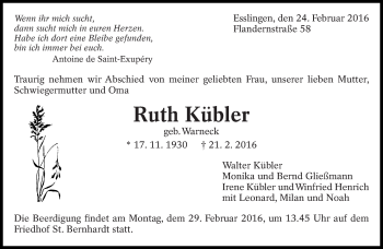 Traueranzeige von Ruth Kübler von Eßlinger Zeitung/Cannstatter Zeitung