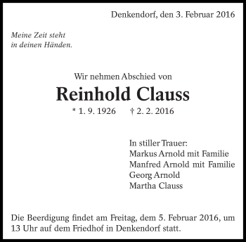 Traueranzeige von Reinhold Clauss von Eßlinger Zeitung/Cannstatter Zeitung