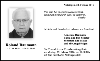 Traueranzeige von Roland Baumann von Eßlinger Zeitung/Cannstatter Zeitung