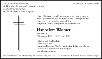 Traueranzeige von Hannelore Wasmer von Eßlinger Zeitung/Cannstatter Zeitung